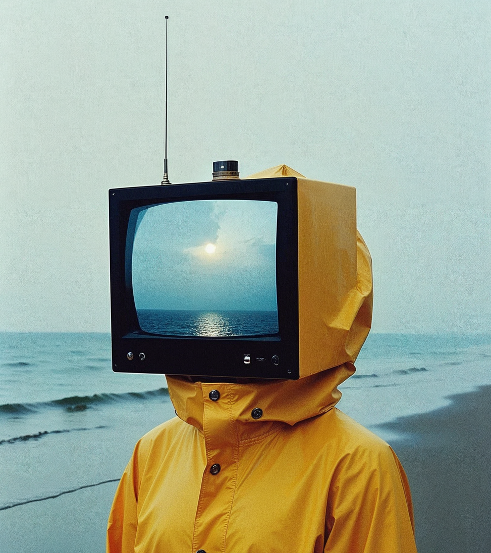 Phantasie-Mensch mit Fernseher als Kopf. Im Hintergrund ein Strand.