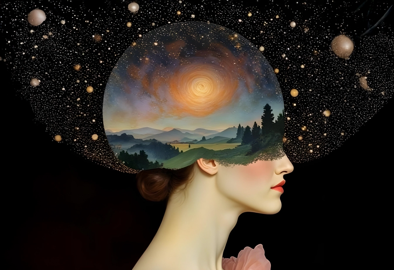 Frau im Profil mit einem Kopf, der ein kosmisches und landschaftliches Panorama zeigt.