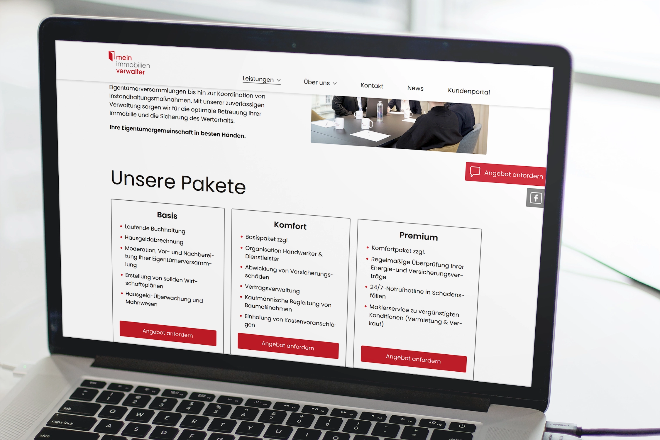 Website mit den verschiedenen Preispaketen des Immobilienverwalters.