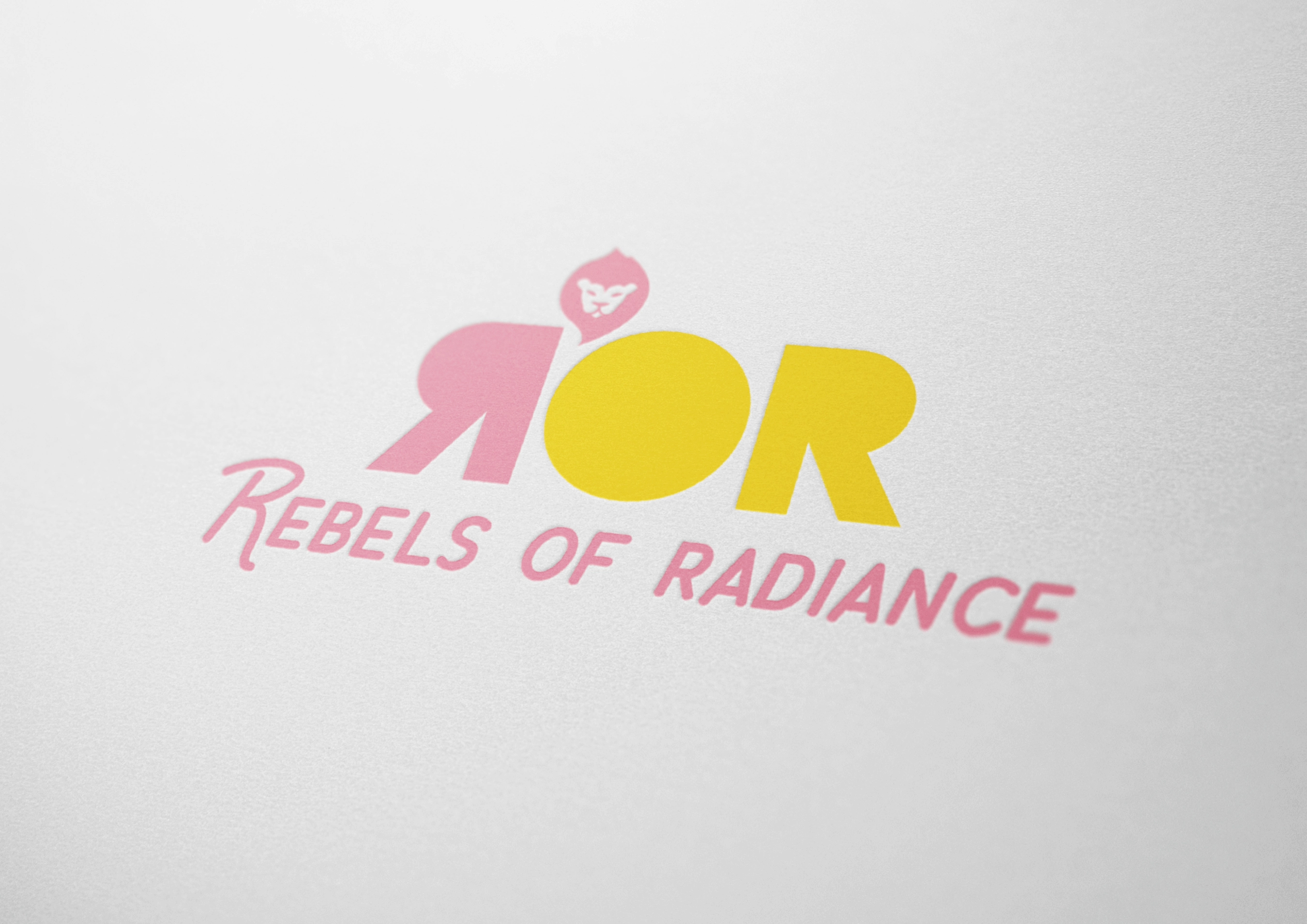 Gelb, Rosa Logo von Rebels of Radiance mit einem Löwen als Bildzeichen.